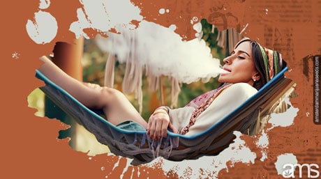 smoke relax and enjoy A hippie girl smoking in a hammock.
