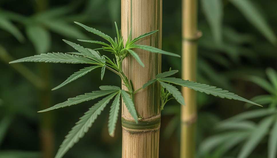 Broken cannabis plant stem repaired with tape and bamboo splint, showing how to fix a broken plant stem step by step