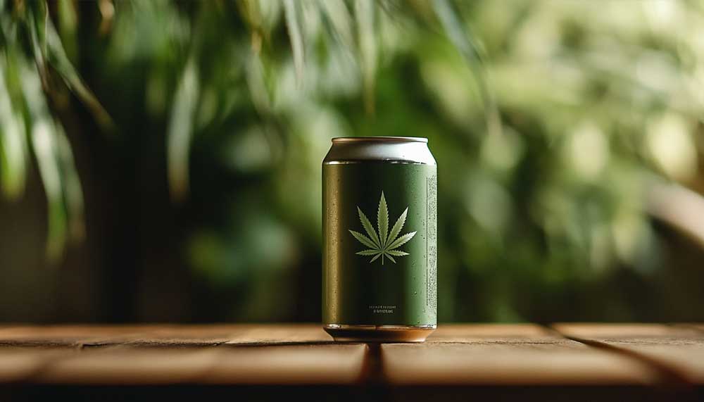 A minimalistic can of THC beer placed on a wooden table in natural light