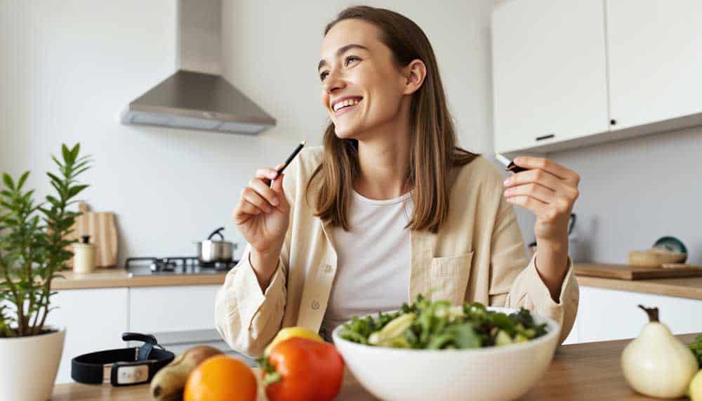 A healthy lifestyle scene linking cannabis use with mindful eating and balance—exploring the idea that weed may support weight control.