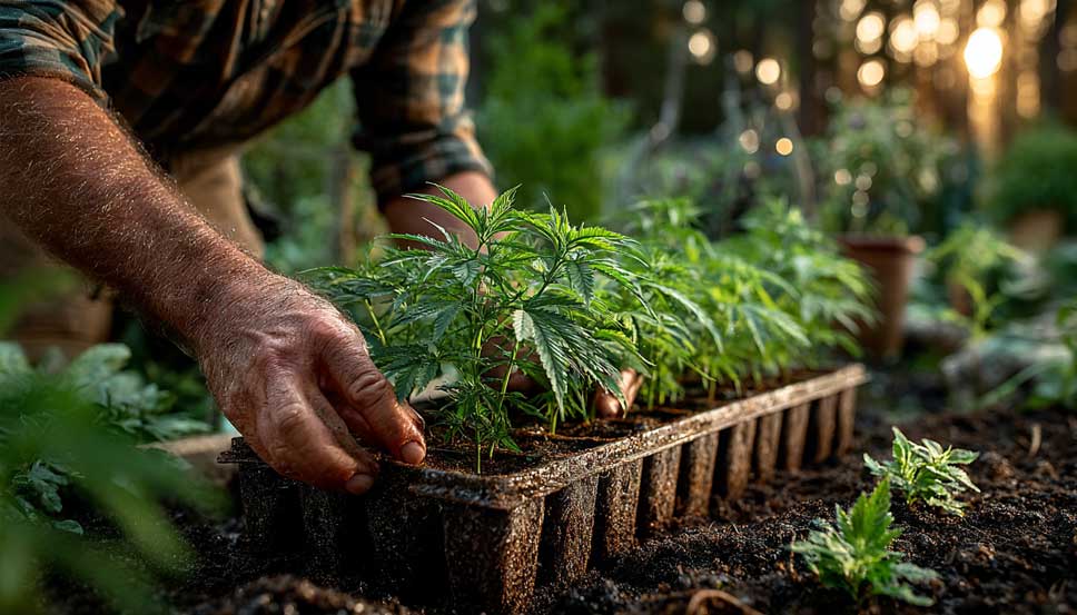 Outdoor cannabis plants receiving 12 hours of sunlight during the cannabis grow season, with vibrant green leaves under a clear sky.