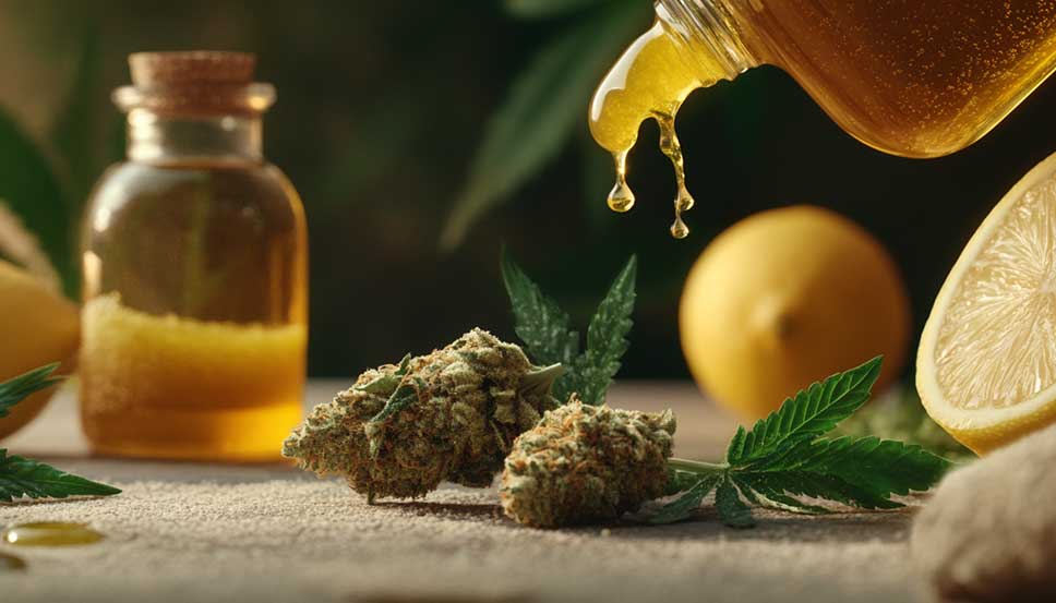 Cannabis bud being flavored with natural blueberry or strawberry extract to show how to make weed taste better