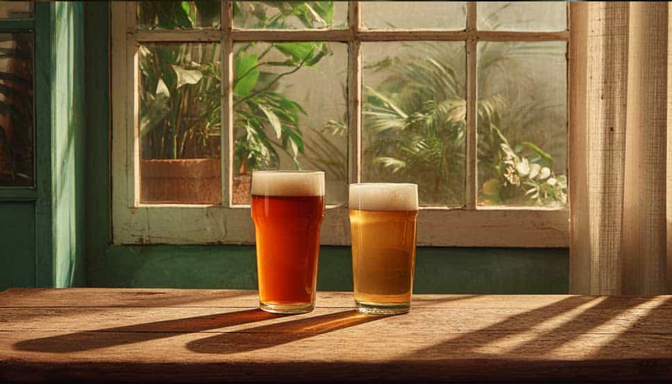 Close-up of a glass of thc beer and a glass of regular beer side by side in a relaxed setting.